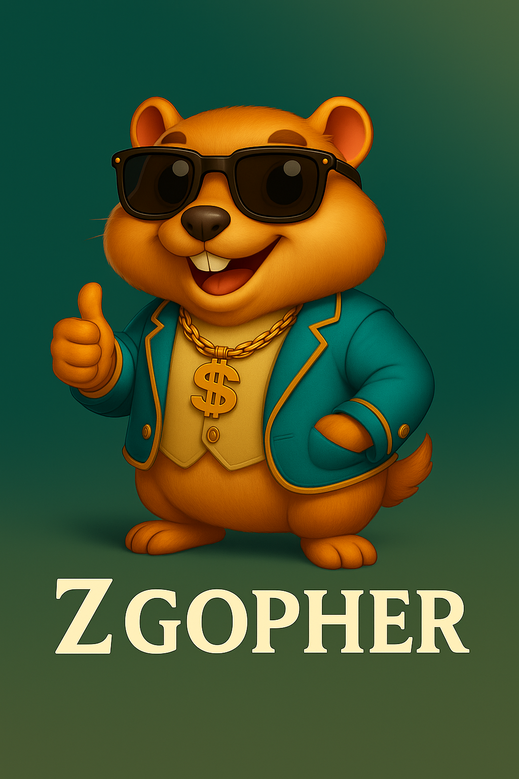 Z Gopher mascot in sunglasses and gold chain